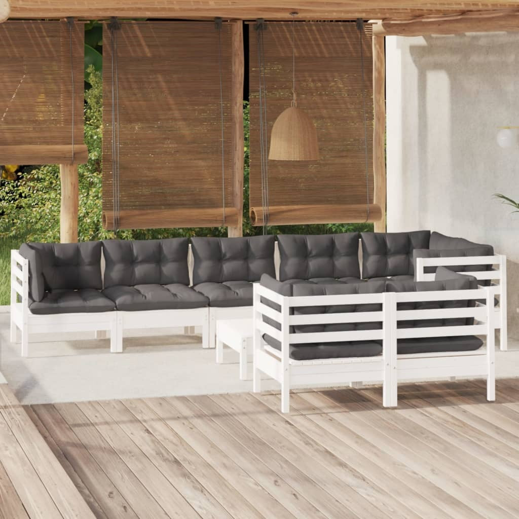 9 Piece Garden Lounge Set with Cushions Solid Pinewood Sofa Patio Set White