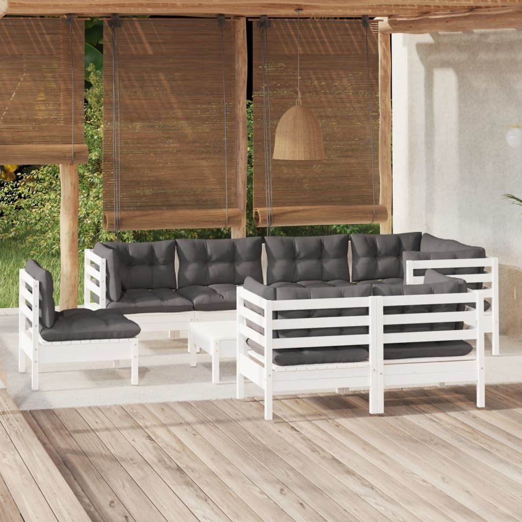9 Piece Garden Lounge Set with Cushions Solid Pinewood Sofa Patio Set White