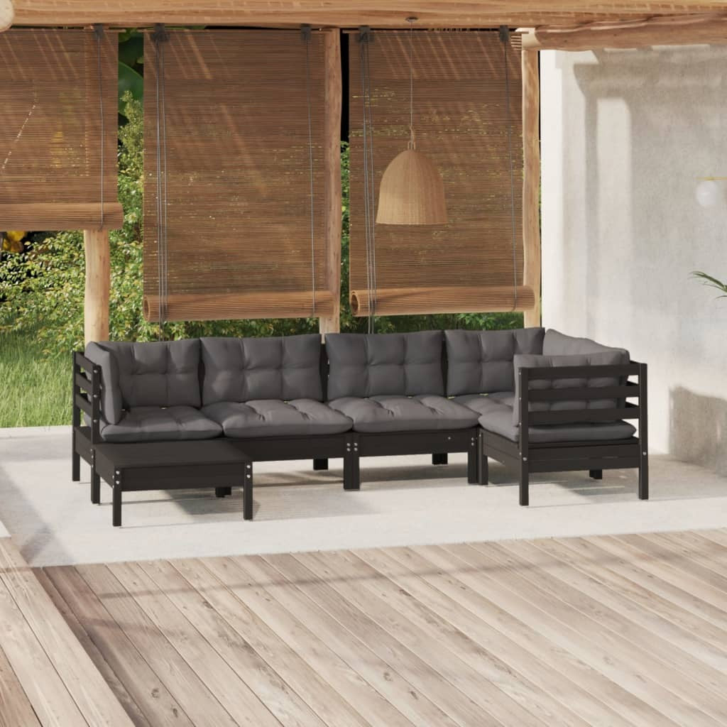 6 Piece Garden Lounge Set with Cushions Sofa Outdoor Solid Pinewood Black
