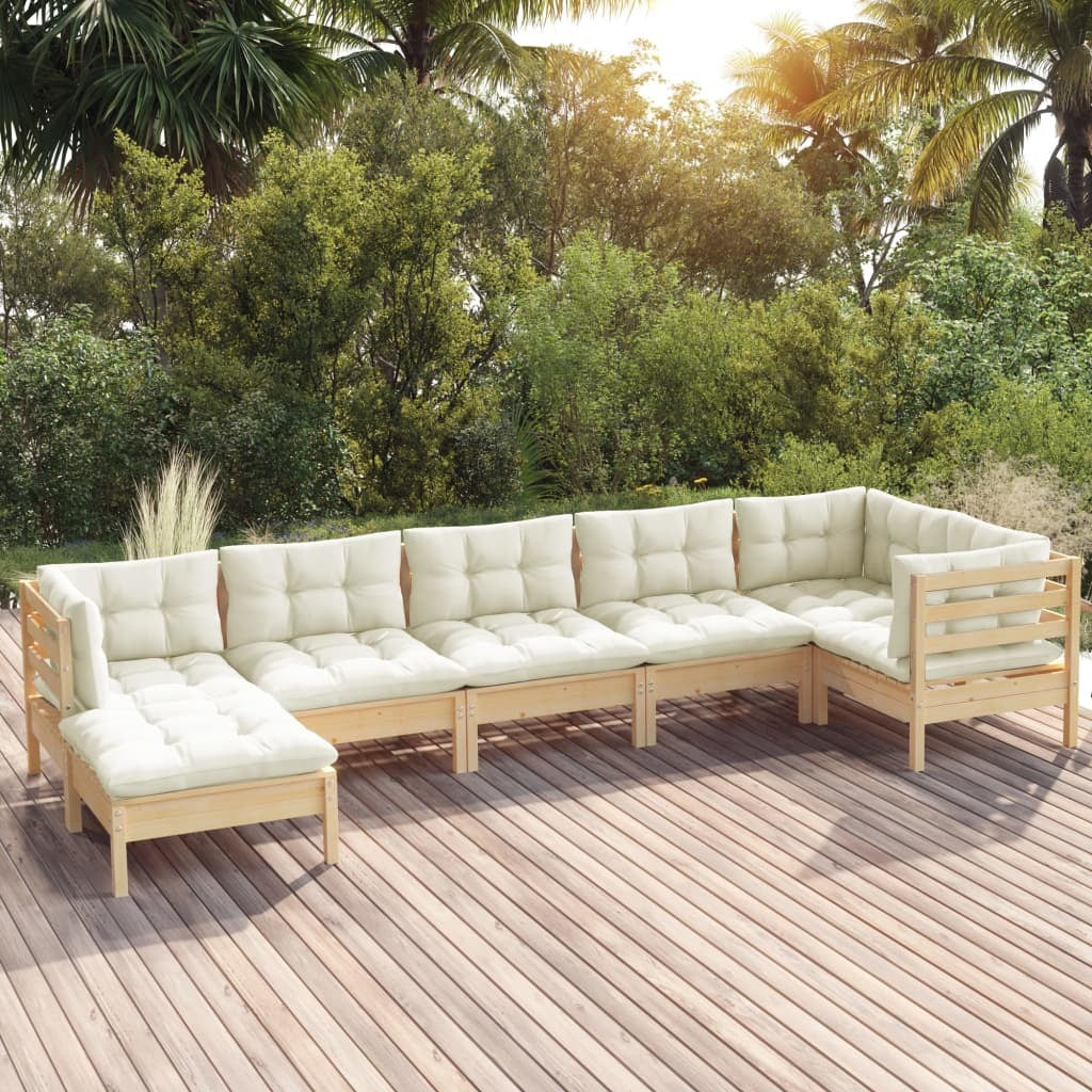 7 Piece Garden Lounge Set with Cushions Sofa Outdoor Solid Pinewood Cream