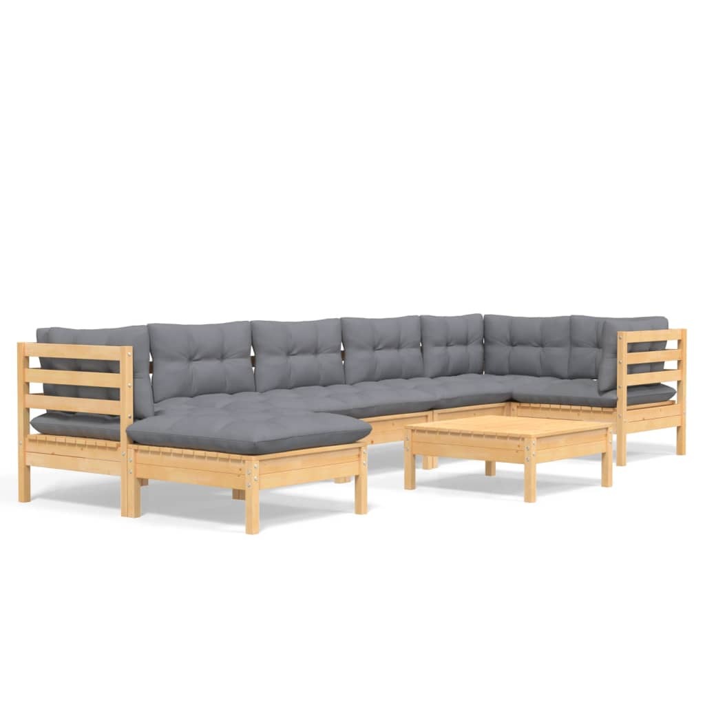 Solid Pinewood 8 Piece Garden Patio Lounge Set Grey Cushions