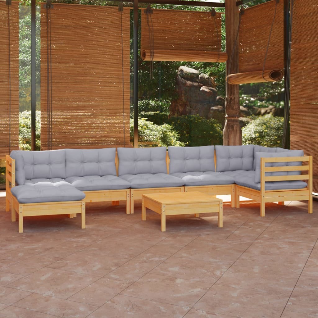 Solid Pinewood 8 Piece Garden Patio Lounge Set Grey Cushions