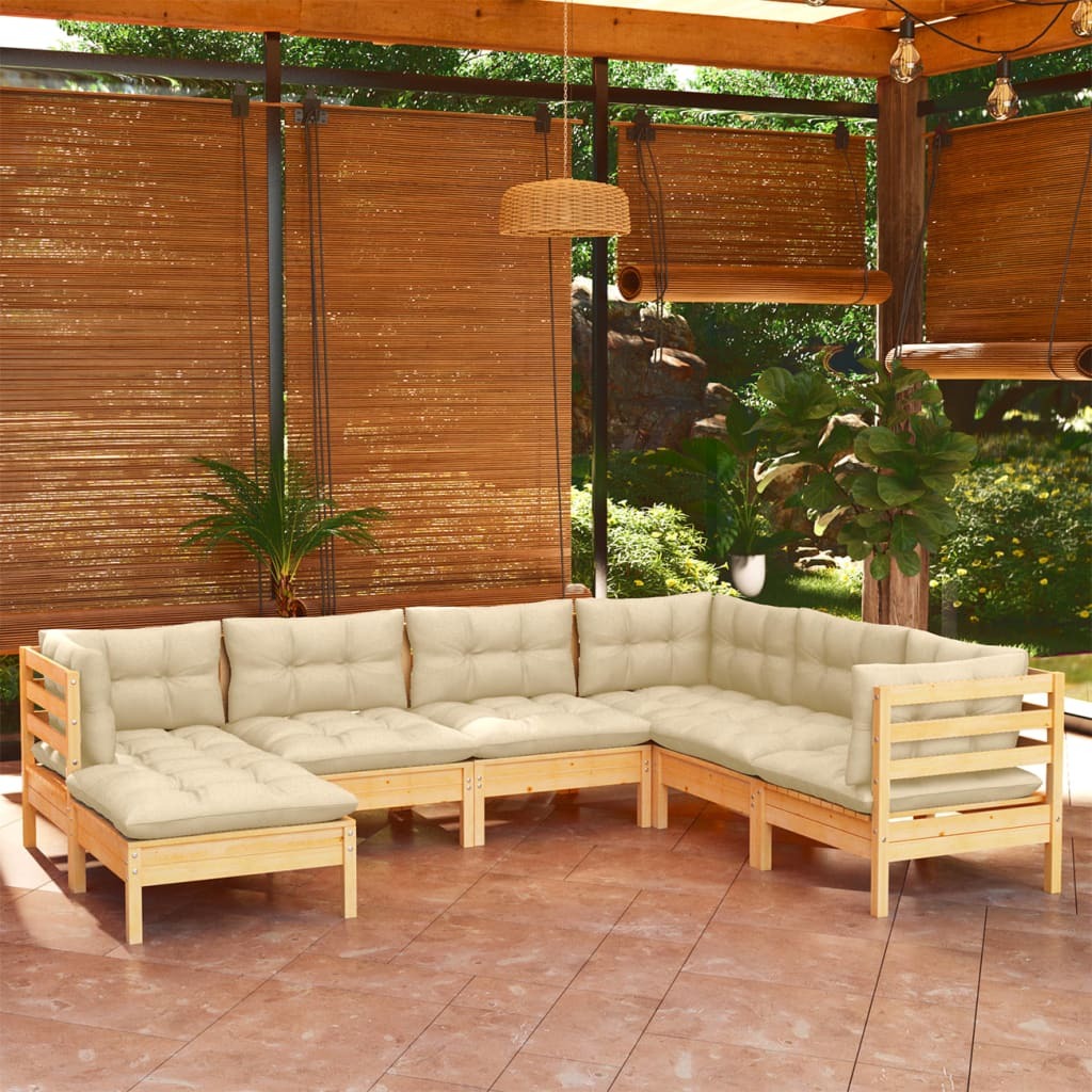 7 Piece Garden Lounge Set with Cushions Sofa Outdoor Solid Pinewood Cream