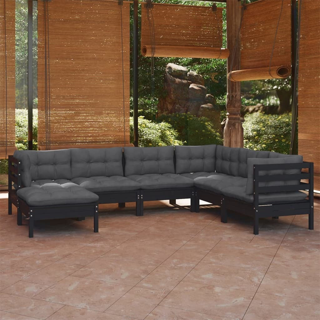 7 Piece Garden Lounge Set with Cushions Sofa Outdoor Solid Pinewood Black