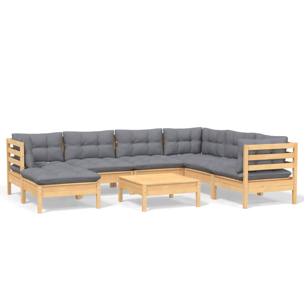 Solid Pinewood 8 Piece Garden Patio Lounge Set Grey Cushions