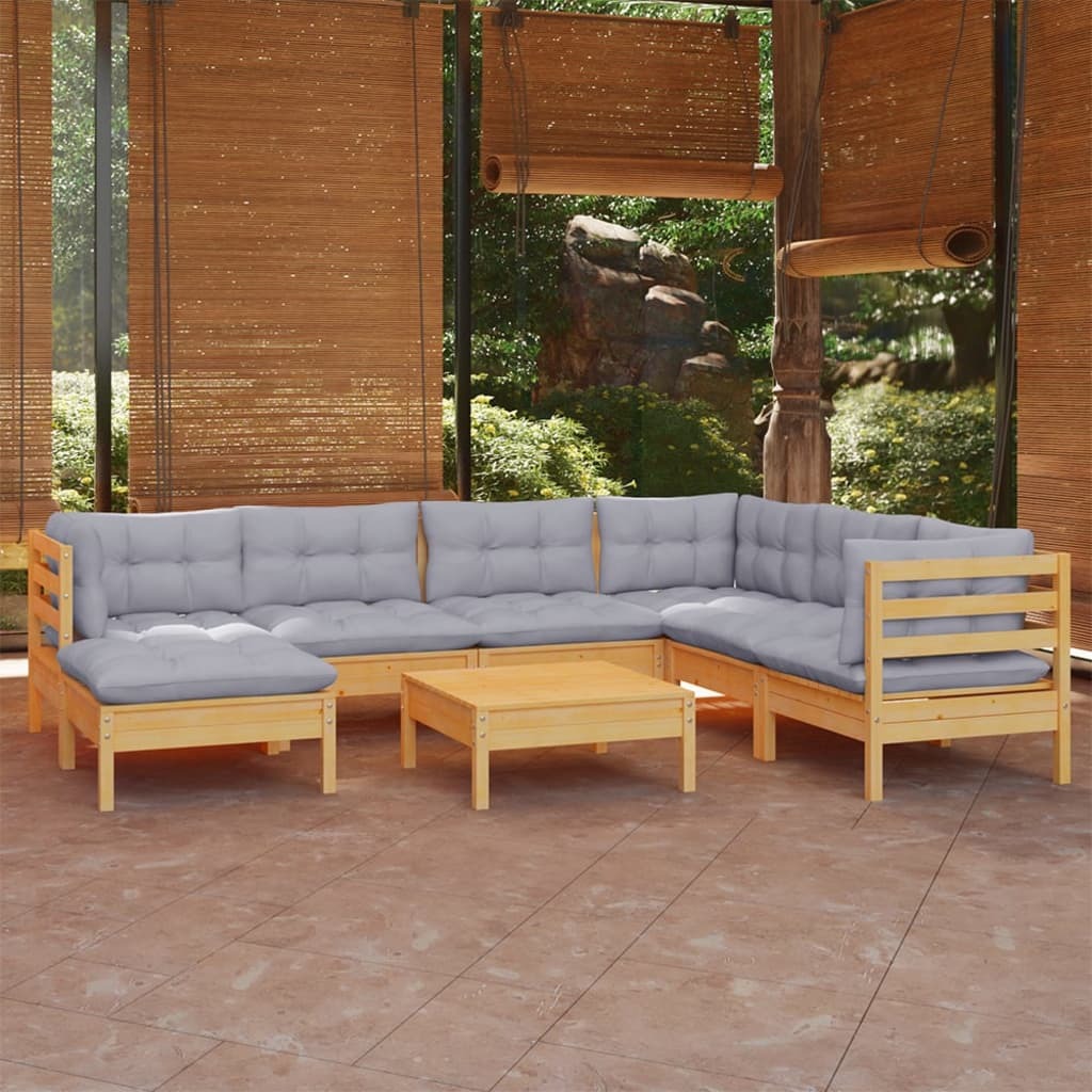 Solid Pinewood 8 Piece Garden Patio Lounge Set Grey Cushions