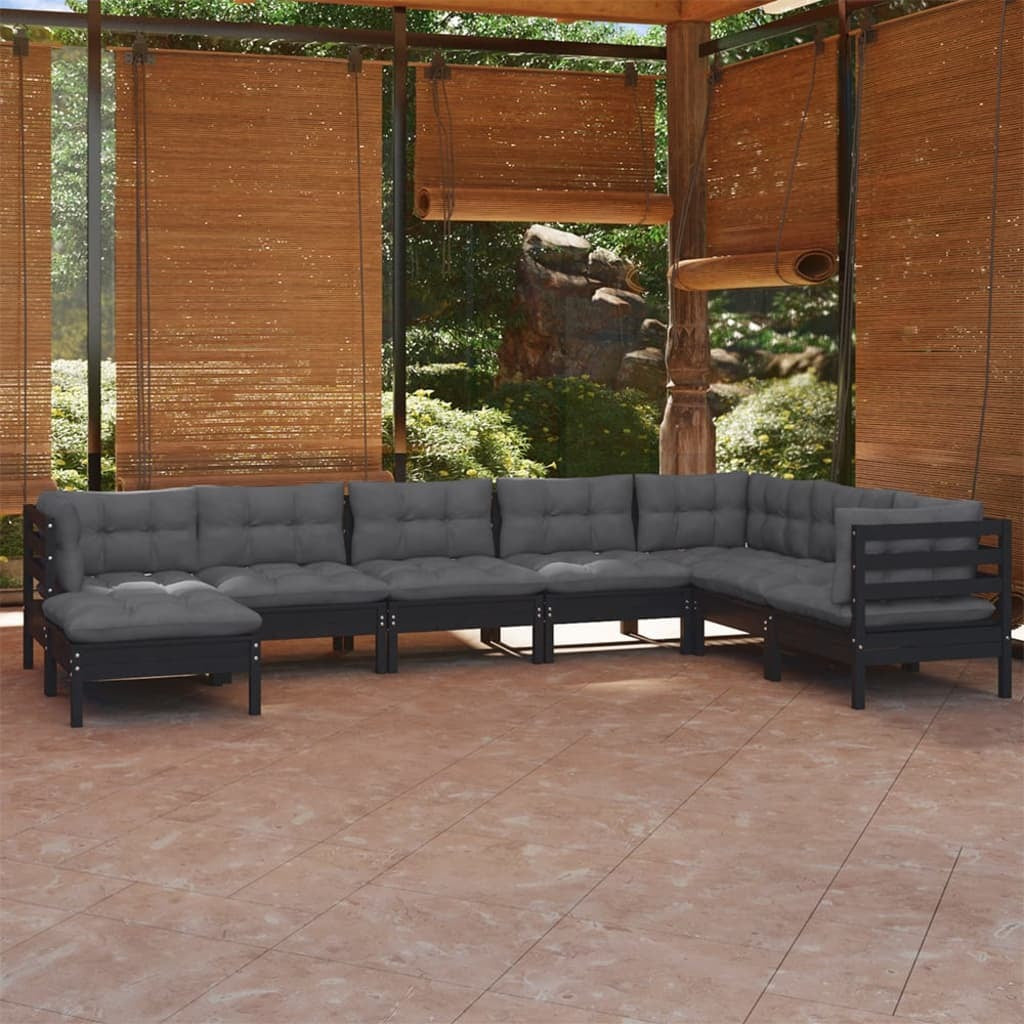 8 Piece Garden Lounge Set with Cushions Sofa Outdoor Solid Pinewood Black