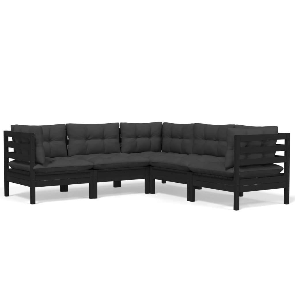 5 Piece Garden Lounge Set with Cushions Black Solid Pinewood