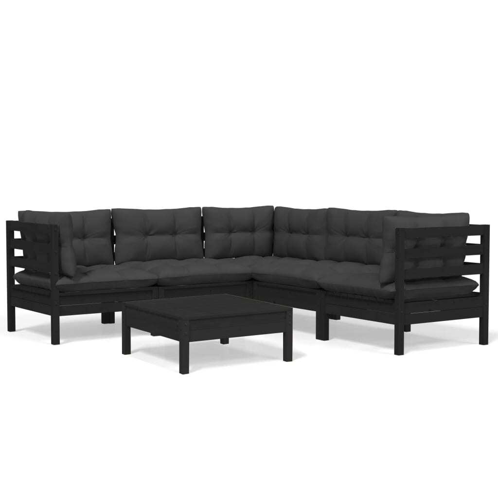 6 Piece Garden Lounge Set with Cushions Sofa Outdoor Solid Pinewood Black