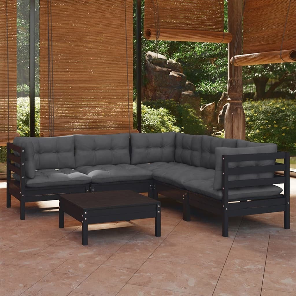 6 Piece Garden Lounge Set with Cushions Sofa Outdoor Solid Pinewood Black