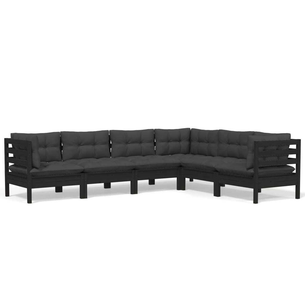 6 Piece Garden Lounge Set with Cushions Black Solid Pinewood