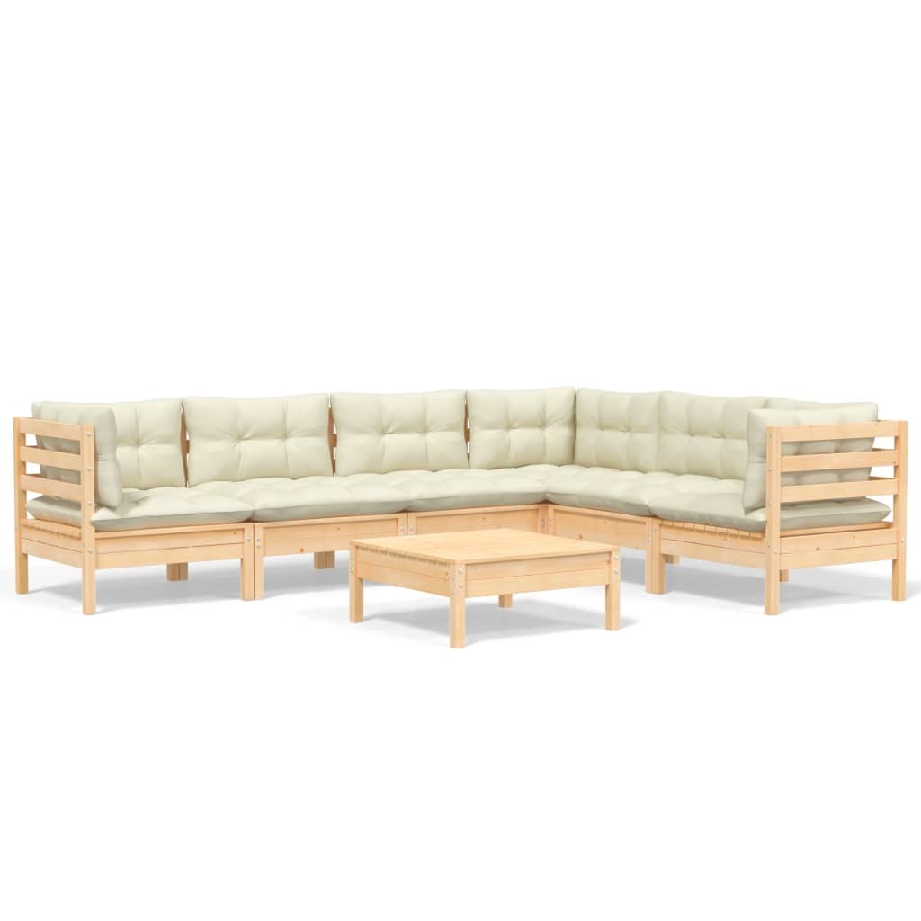 7 Piece Garden Lounge Set with Cushions Sofa Outdoor Solid Pinewood Cream