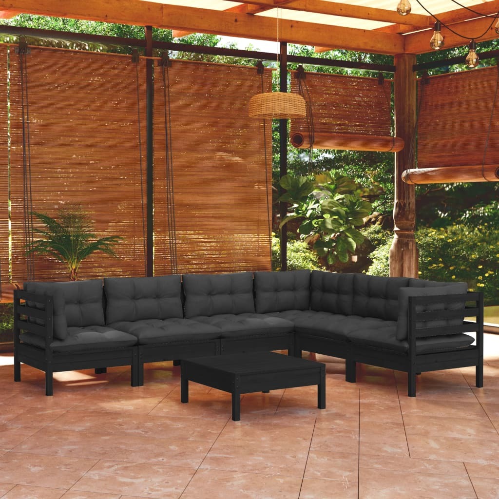 7 Piece Garden Lounge Set with Cushions Sofa Outdoor Solid Pinewood Black