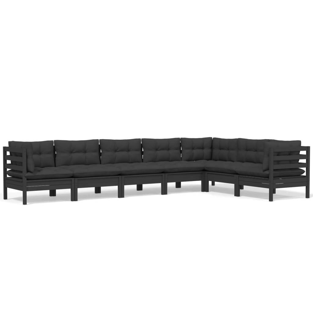 7 Piece Garden Lounge Set with Cushions Black Solid Pinewood