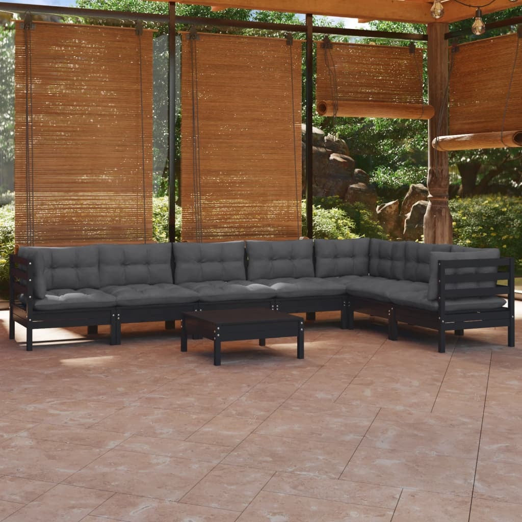 8 Piece Garden Lounge Set with Cushions Sofa Outdoor Solid Pinewood Black