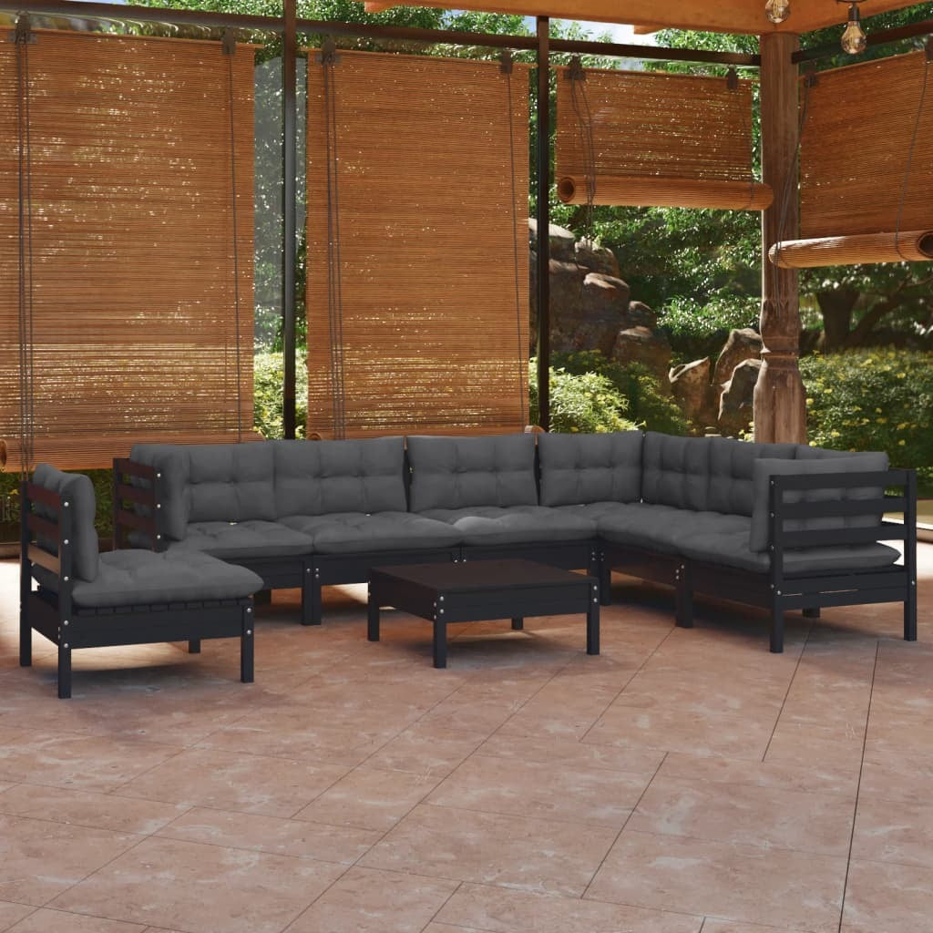 8 Piece Garden Lounge Set with Cushions Sofa Outdoor Solid Pinewood Black