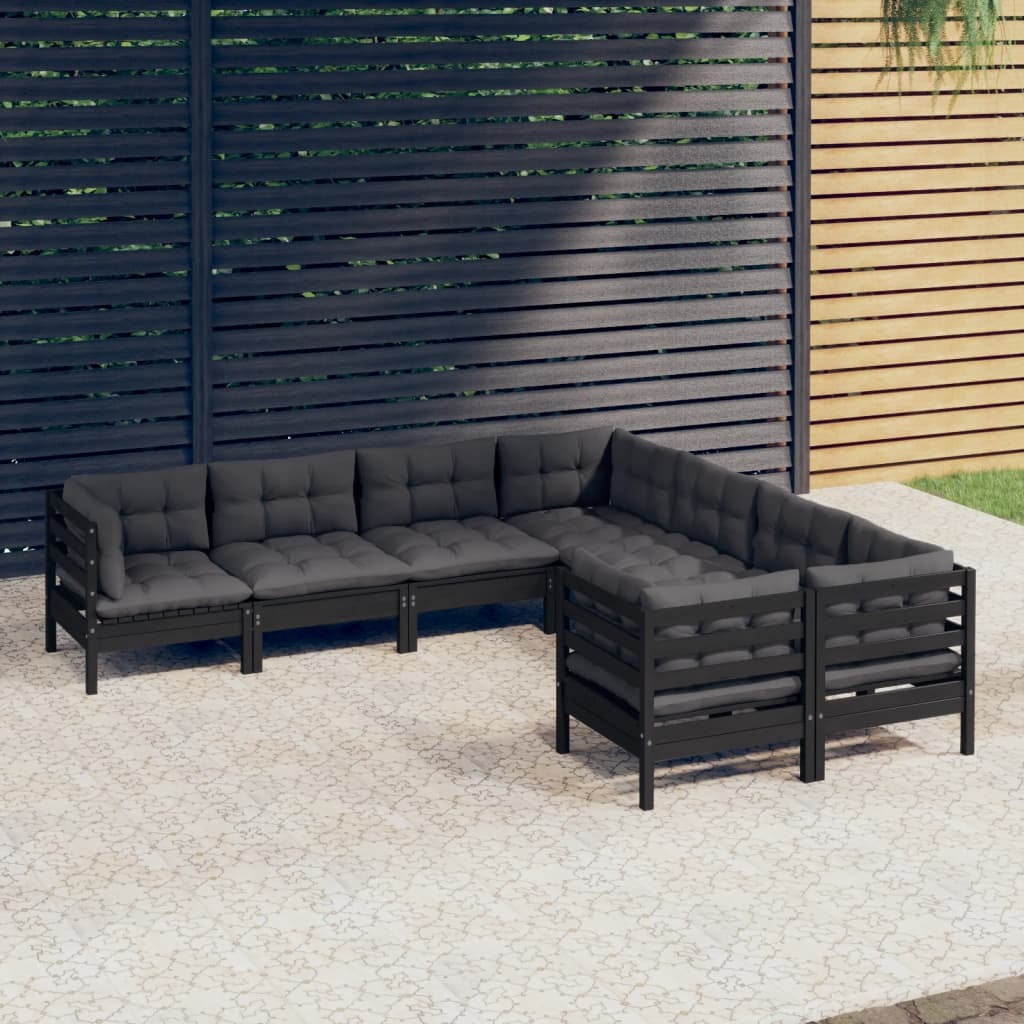 8 Piece Garden Lounge Set with Cushions Solid Pinewood Sofa Patio Set Black