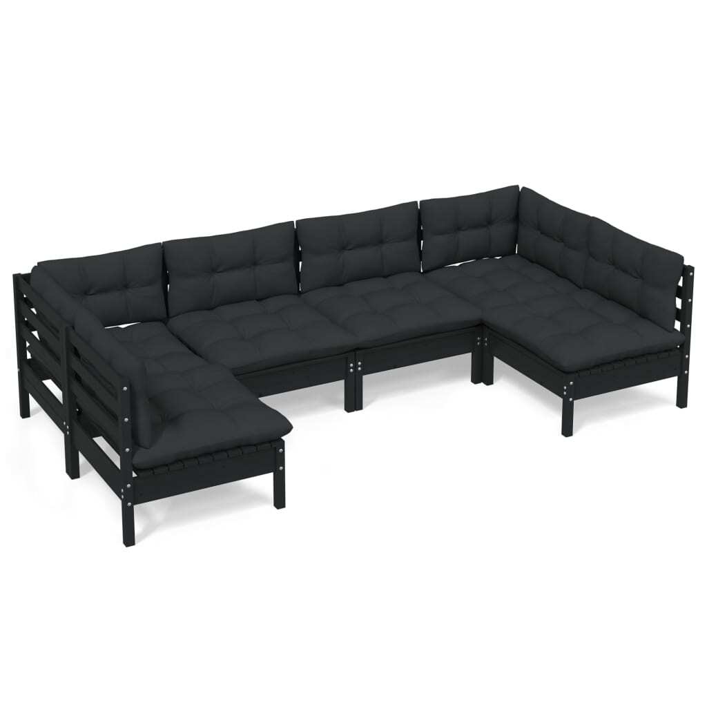 6 Piece Garden Lounge Set with Cushions Solid Pinewood Sofa Patio Set Black