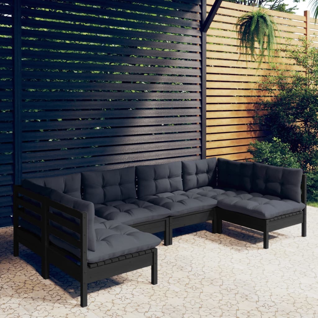 6 Piece Garden Lounge Set with Cushions Solid Pinewood Sofa Patio Set Black