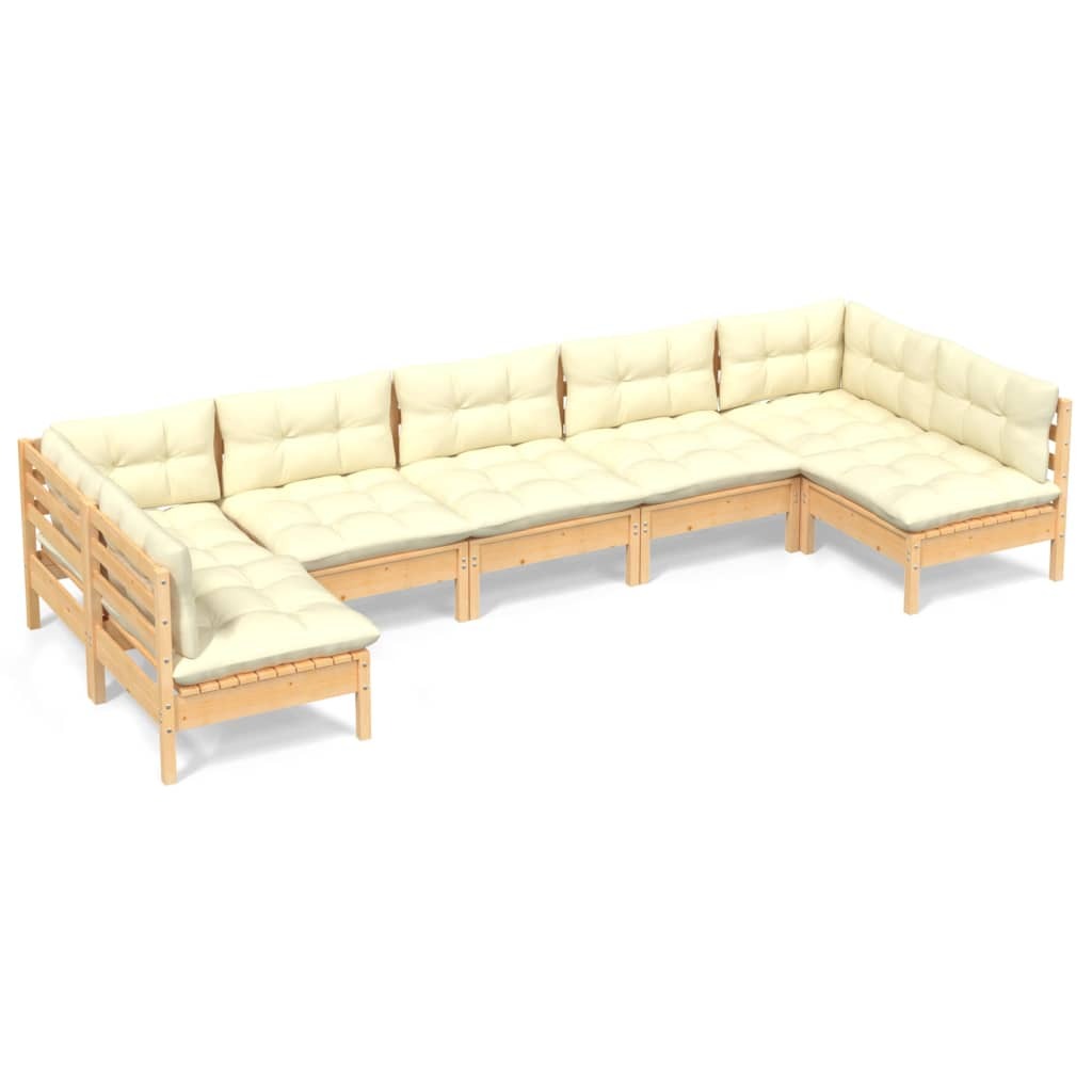 Solid Pinewood 7 Piece Garden Patio Lounge Set Cream Cushions
