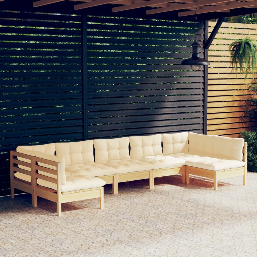 Solid Pinewood 7 Piece Garden Patio Lounge Set Cream Cushions