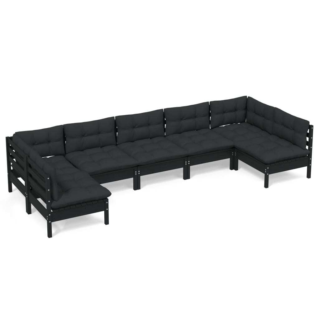 7 Piece Garden Lounge Set with Cushions Solid Pinewood Sofa Patio Set Black
