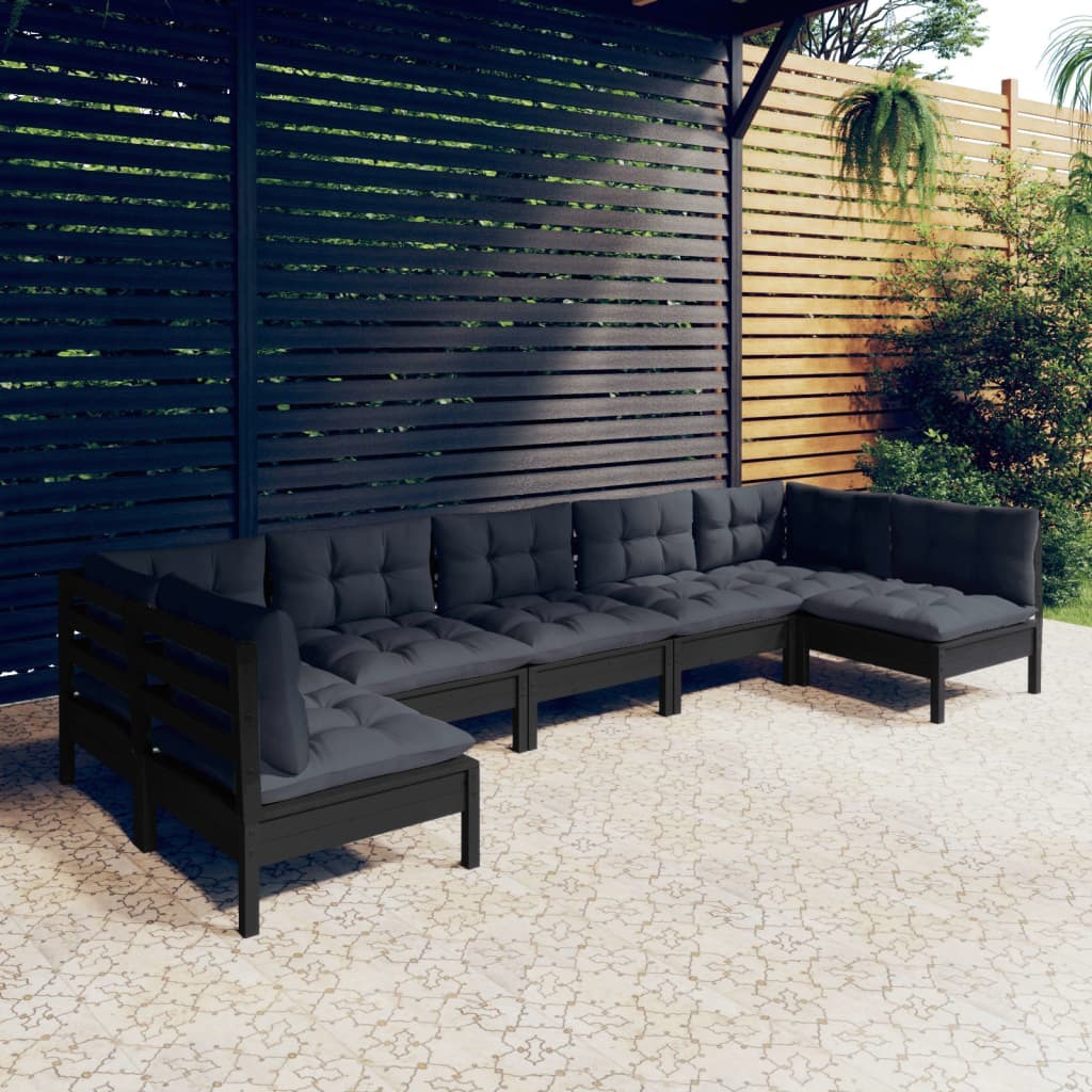 7 Piece Garden Lounge Set with Cushions Solid Pinewood Sofa Patio Set Black