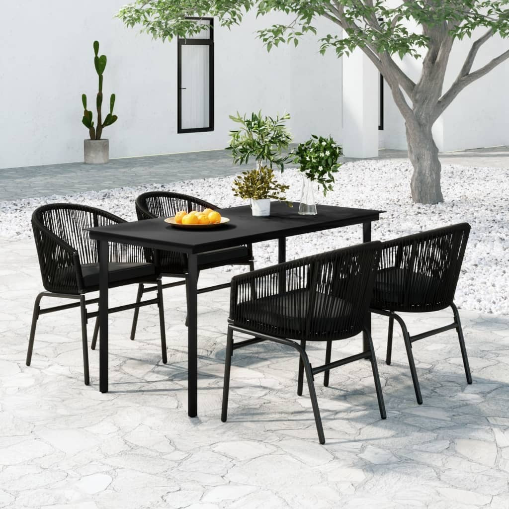 5 Piece Garden Dining Set Table Chairs Glass Top Steel Outdoor Black