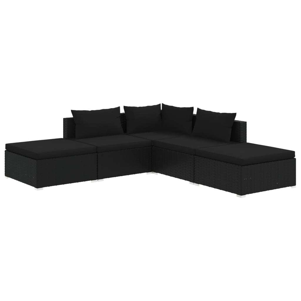5 Piece Garden Lounge Set with Cushions Poly Rattan Outdoor Sofa Set Black