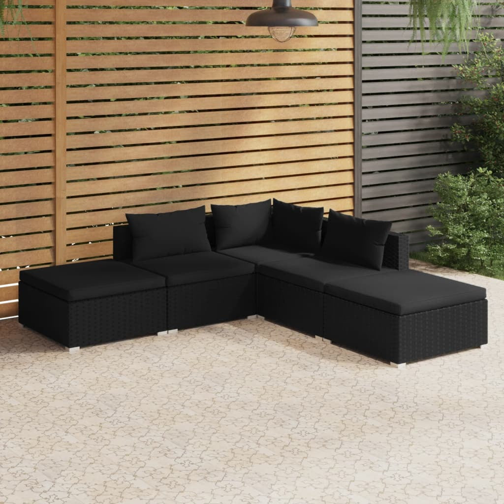 5 Piece Garden Lounge Set with Cushions Poly Rattan Outdoor Sofa Set Black