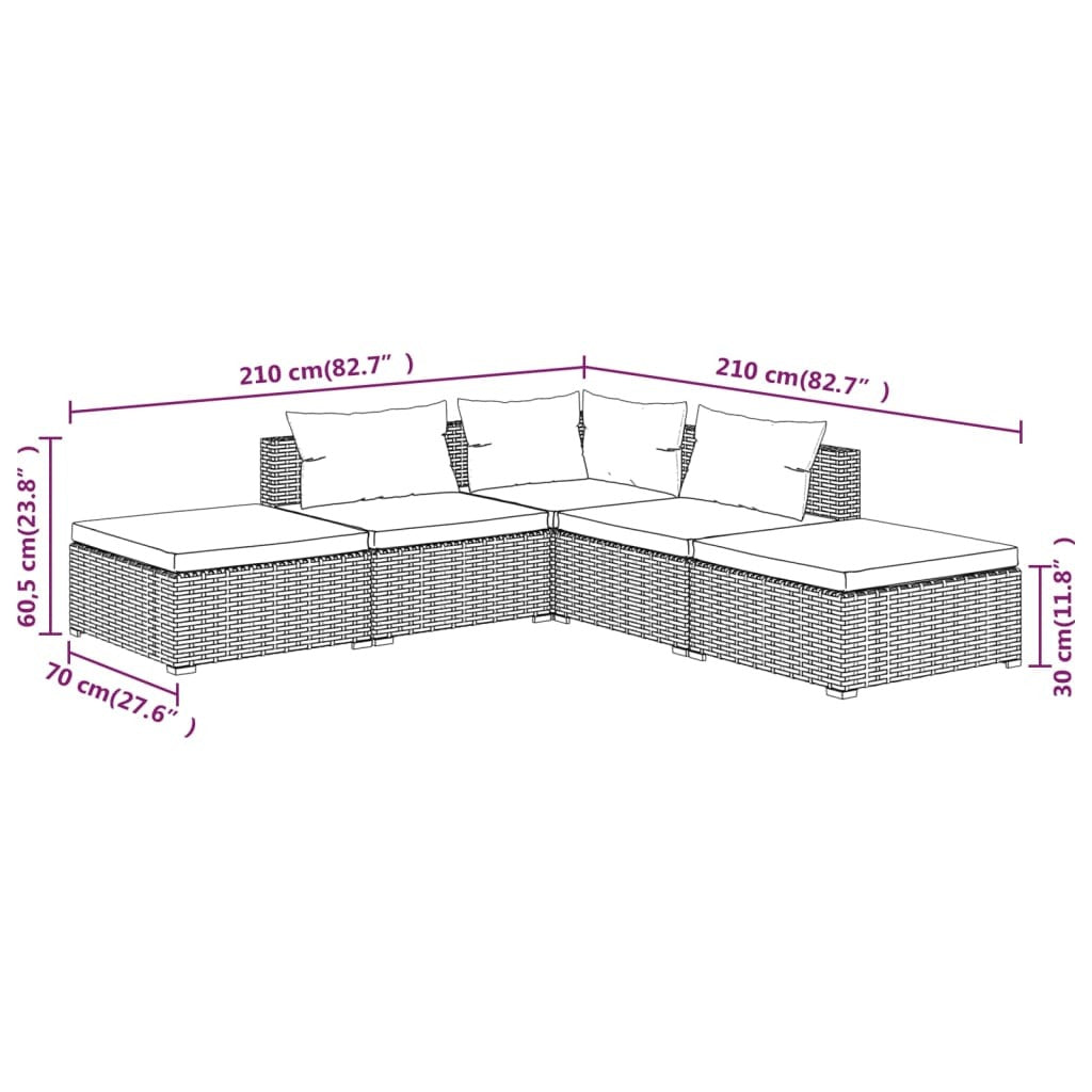5 Piece Garden Lounge Set with Cushions Poly Rattan Outdoor Sofa Set Black