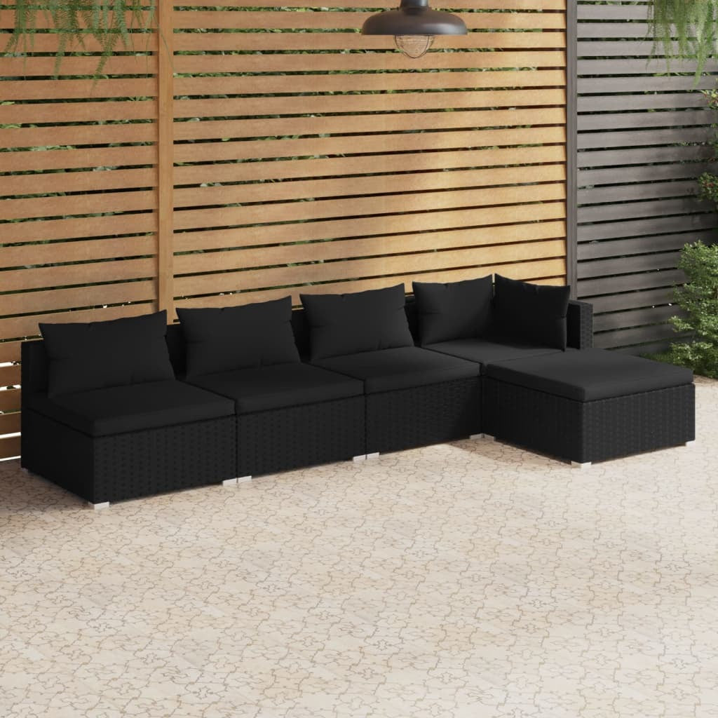 5 Piece Garden Lounge Set with Cushions Sofa Table Outdoor Poly Rattan Black