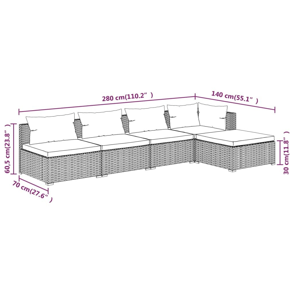 5 Piece Garden Lounge Set with Cushions Sofa Table Outdoor Poly Rattan Black