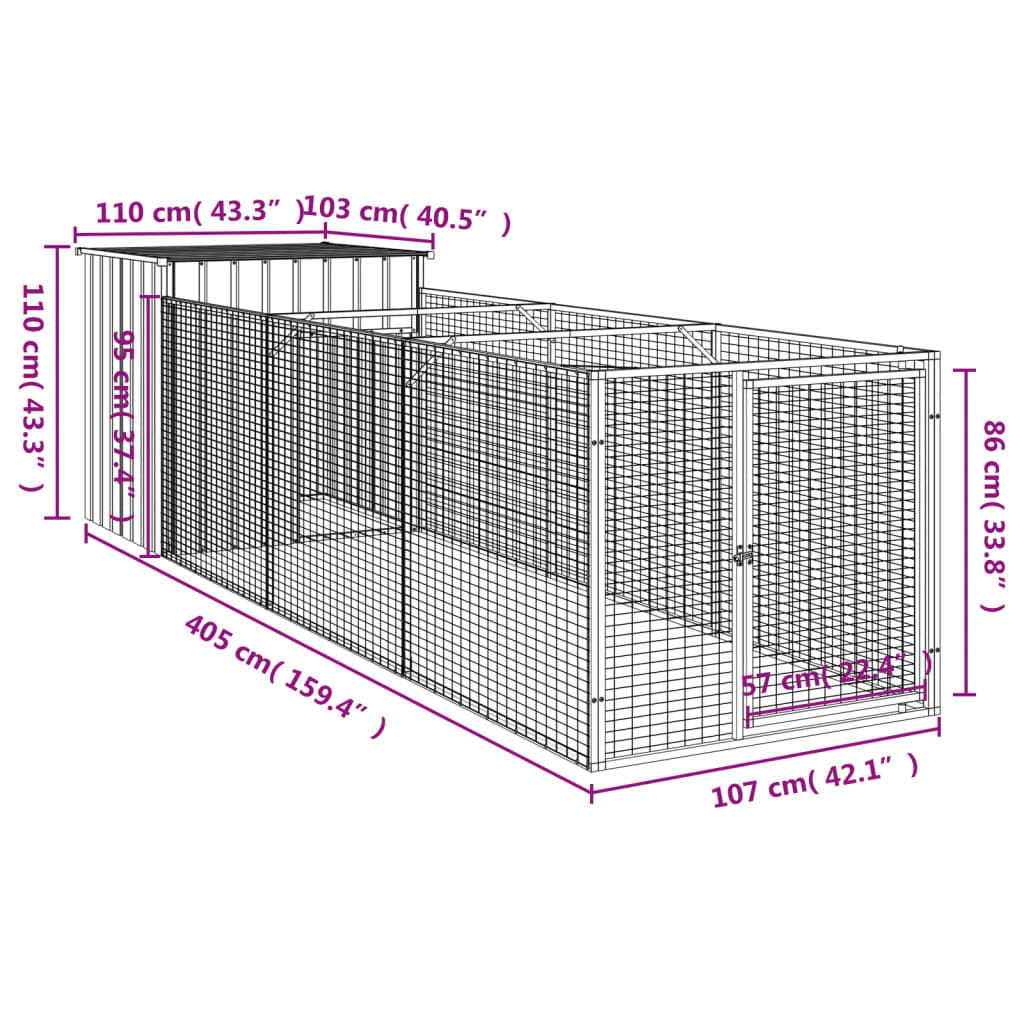 Dog House with Run Galvanised Steel Kennel Pet Cage Outdoor Enclosure Anthracite