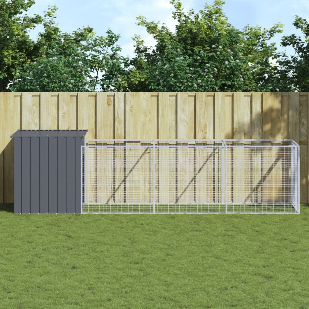 Dog House with Run Galvanised Steel Kennel Pet Cage Outdoor Enclosure Anthracite
