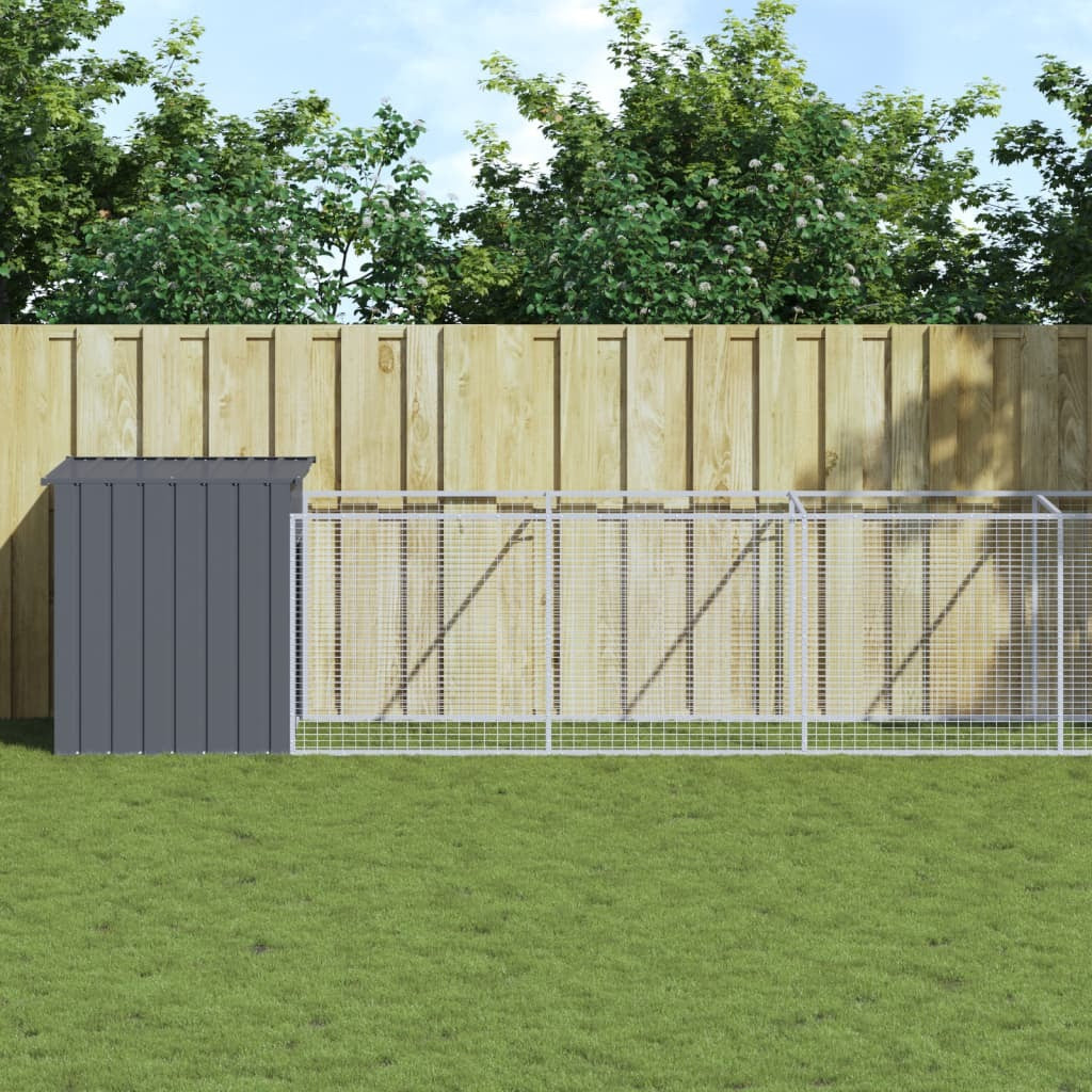 Dog House with Run Galvanised Steel Kennel Pet Cage Outdoor Run Anthracite