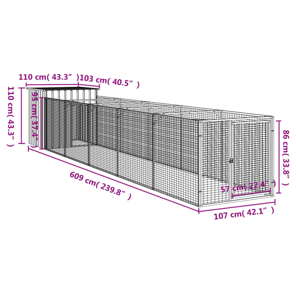 Dog House with Run Galvanised Steel Kennel Pet Cage Outdoor Run Anthracite