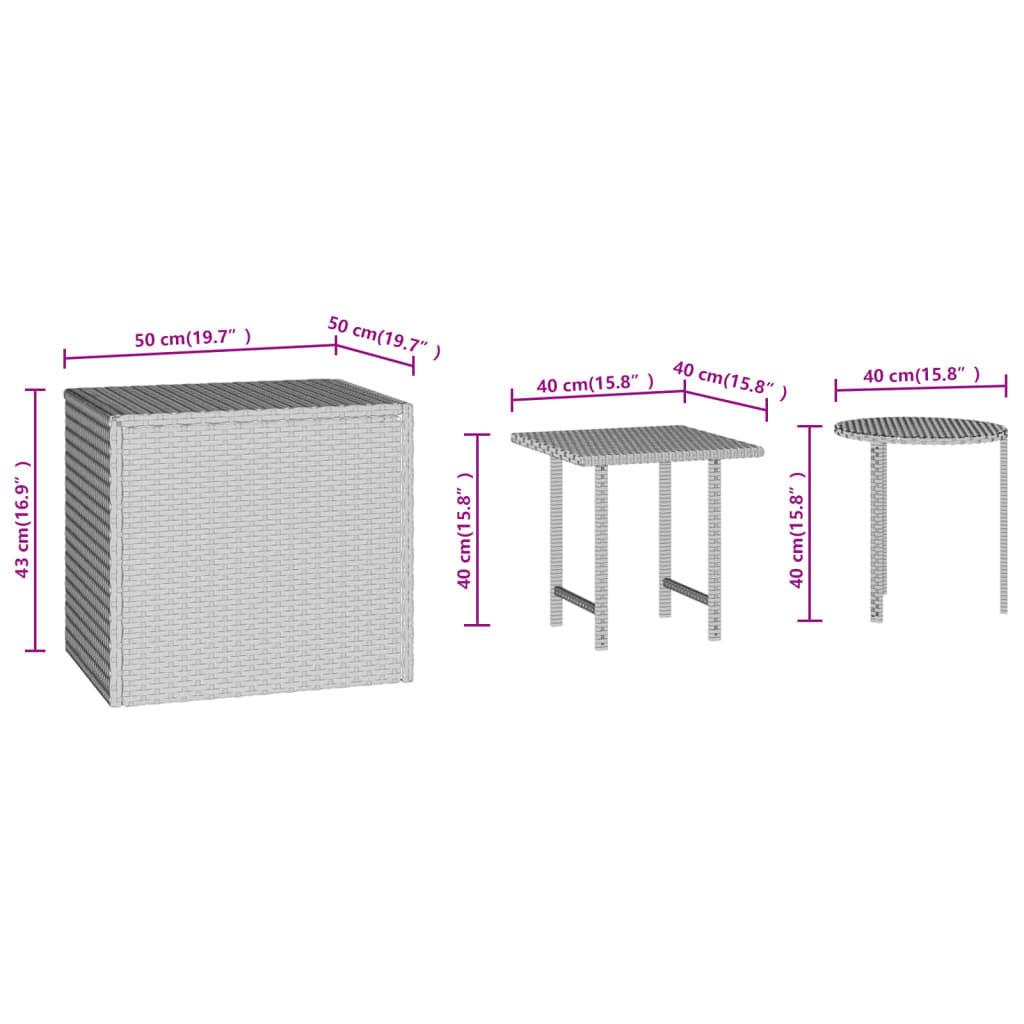 Side Tables 3pcs Poly Rattan Steel Frame Outdoor Patio Furniture Set Black