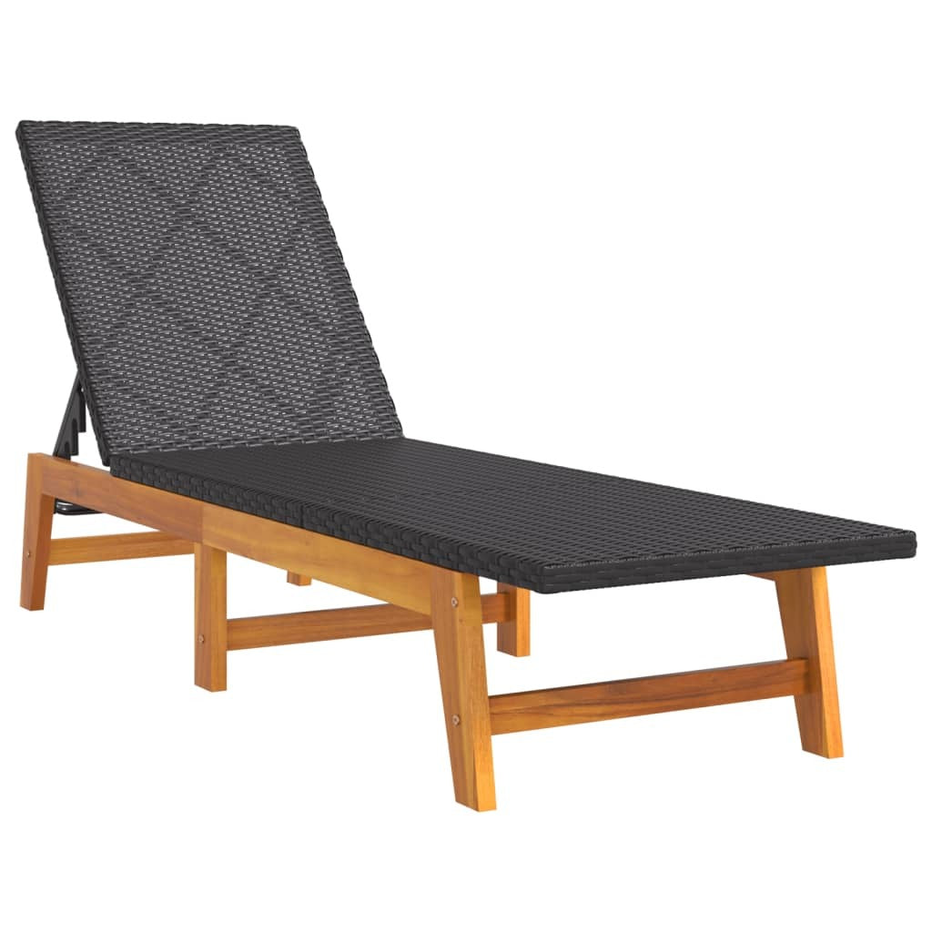 Sun Lounger Poly Rattan Solid Acacia Wood Adjustable Outdoor Patio Black Brown