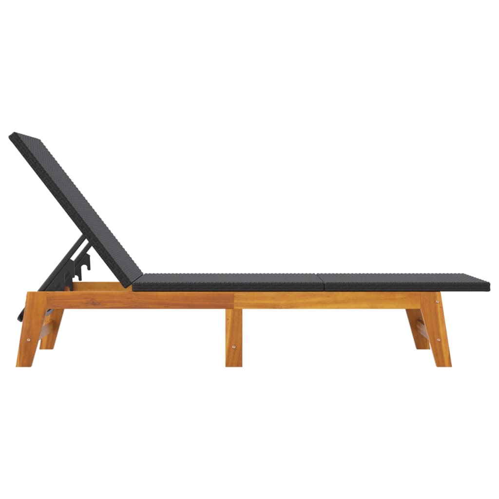 Sun Lounger Poly Rattan Solid Acacia Wood Adjustable Outdoor Patio Black Brown