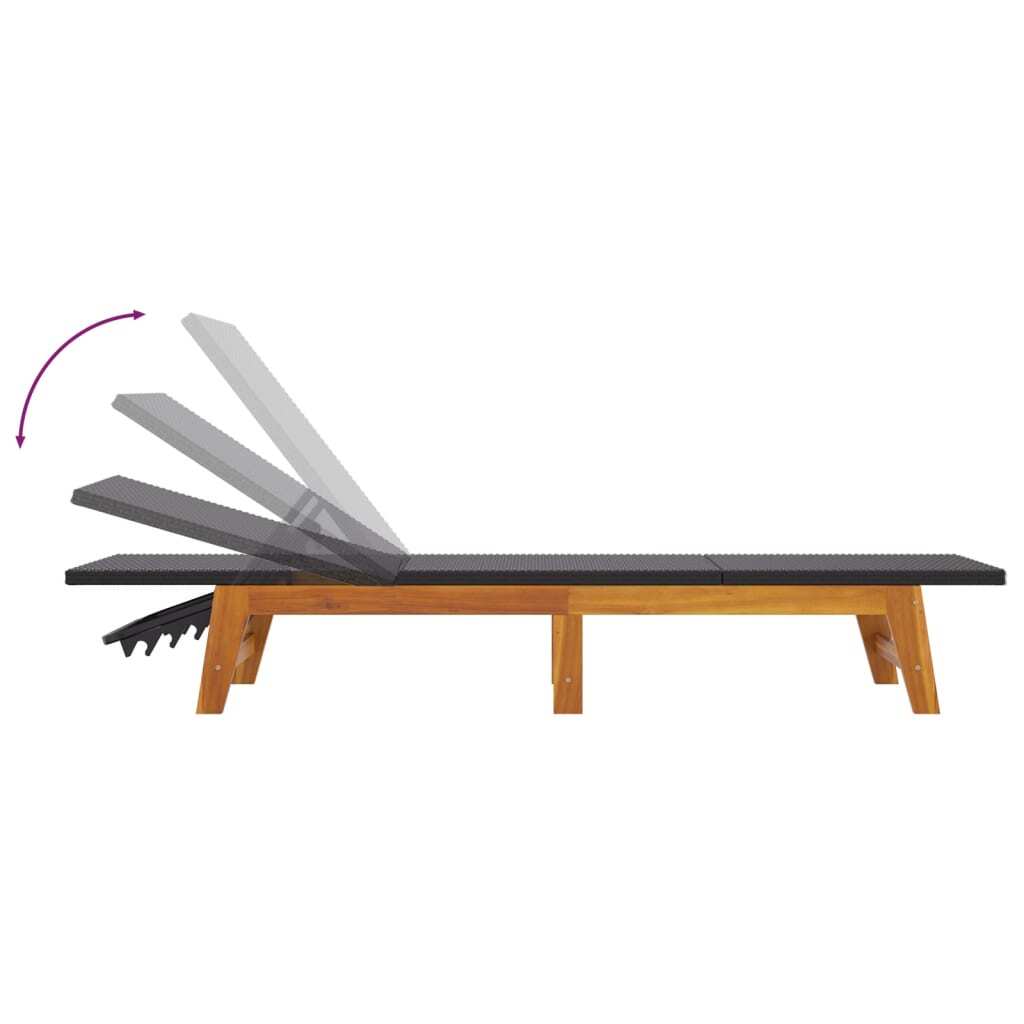 Sun Lounger Poly Rattan Solid Acacia Wood Adjustable Outdoor Patio Black Brown
