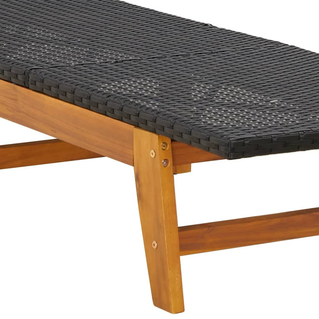 Sun Lounger Poly Rattan Solid Acacia Wood Adjustable Outdoor Patio Black Brown