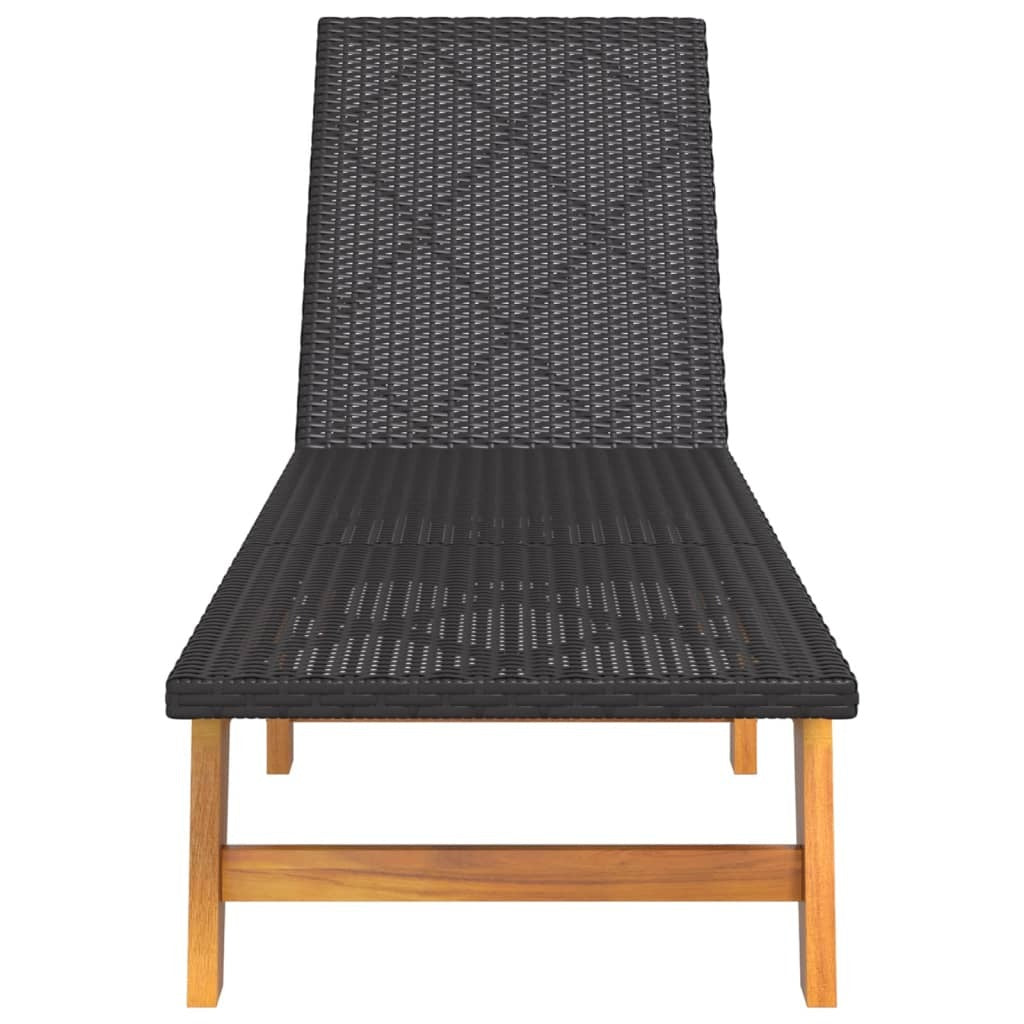 Sun Lounger Poly Rattan Solid Acacia Wood Adjustable Outdoor Patio Black Brown
