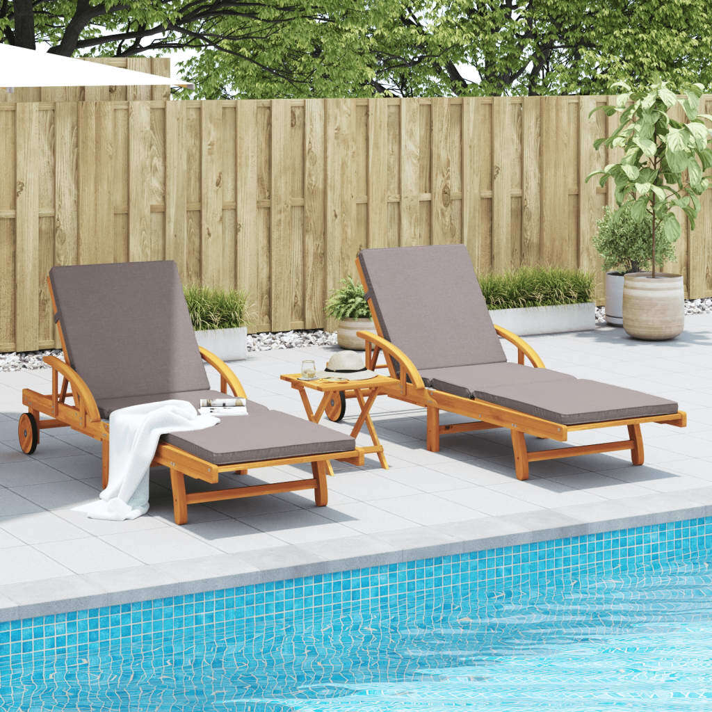 Sun Loungers 2 pcs Solid Acacia Wood Reclining Outdoor With Table