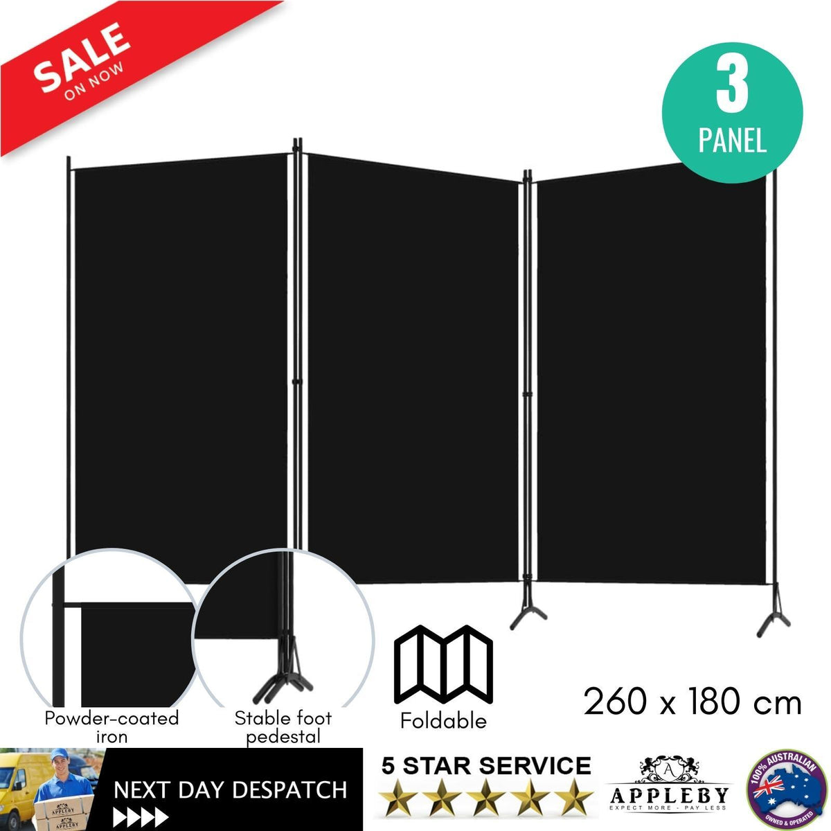 3-Panel Room Divider Black 260x180 cm Fabric
