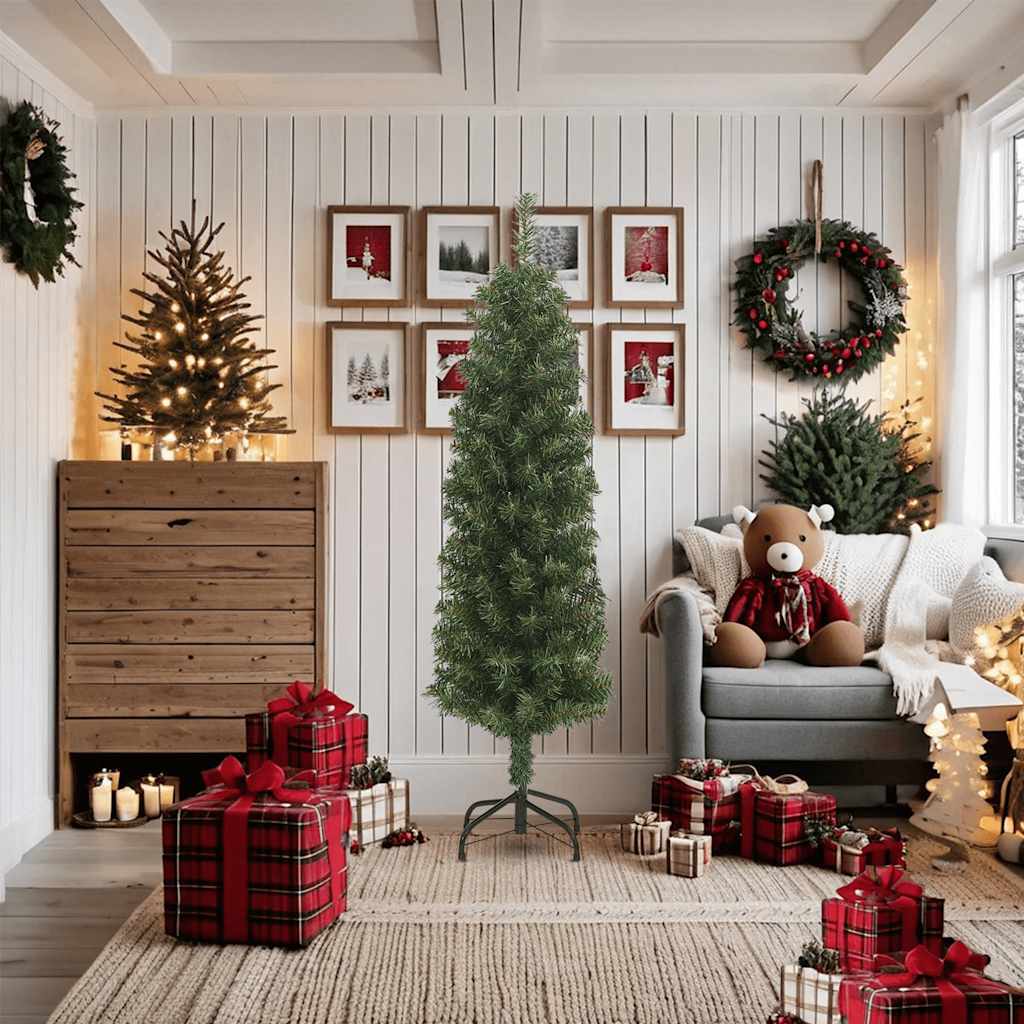 Slim Artificial Christmas Tree PVC Steel Stand Xmas Home Decor 180cm Green
