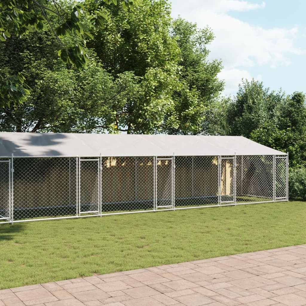 Dog Cage with Roof and Doors Galvanised Steel Pet Kennel Outdoor Run Grey