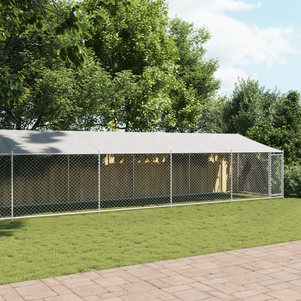 Dog Cage with Roof and Door Galvanised Steel Pet Kennel Outdoor Run Grey