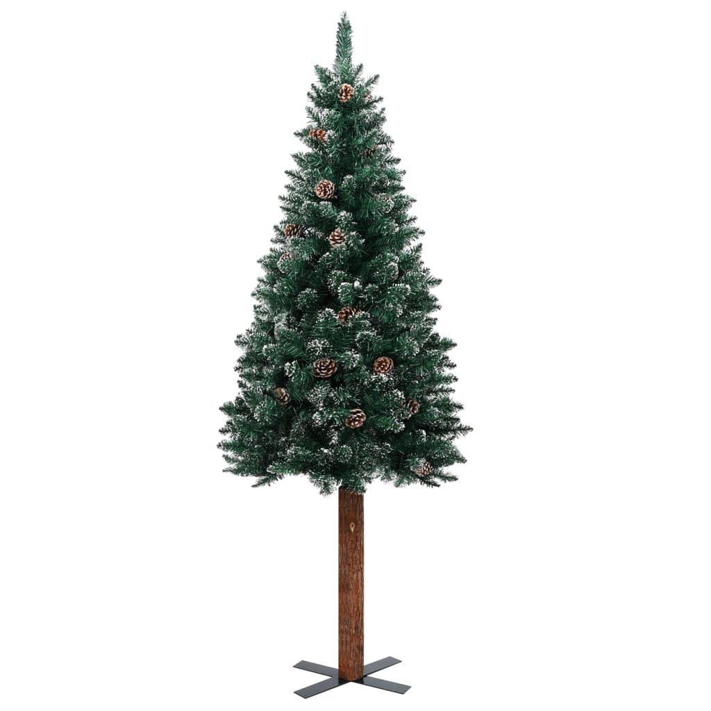 Slim Christmas Tree with Real Wood and White Snow Green 210 cm