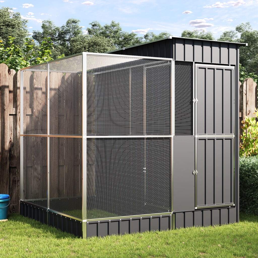Aviary with Extension Galvanised Steel Bird Cage Outdoor Walk In Run Silver